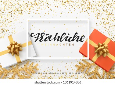 Christmas background with gifts and shining golden snowflakes. German text Frohliche Weihnachten translation Merry Christmas. flat top view