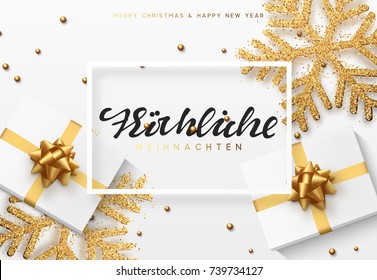 Christmas background with gifts and shining golden snowflakes. German text Frohliche Weihnachten.