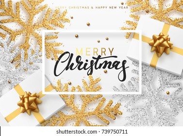 Christmas background with gifts and shining golden and silver snowflakes. Merry Christmas card vector Illustration.