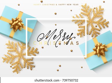 Christmas background with gifts and shining golden snowflakes. Merry Christmas card vector Illustration.