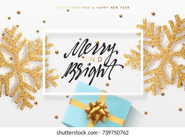 Christmas background with gifts and shining golden snowflakes. Merry Christmas card vector Illustration.