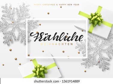 Christmas background with gifts and shining silver snowflakes. German text Frohliche Weihnachten translation Merry Christmas. flat top view