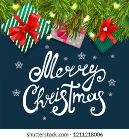 Christmas background, gifts snowflakes fir branches background, lanterns, realistic vector illustration