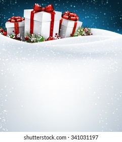 Christmas background with gifts. Vector paper illustration.