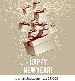 Christmas background with gifts. Xmas boxes with bows and place for text.  Vector Illustration.