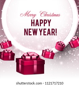 Christmas background with gifts. Xmas boxes with bows and place for text.  Vector Illustration.