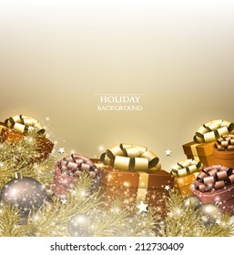 Weihnachtshintergrund mit Geschenken. Weihnachtskästen mit Bögen und Platz für Text.  Vektorgrafik.