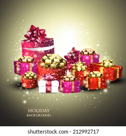 Christmas background with gifts. Xmas boxes with bows and place for text.  Vector Illustration.