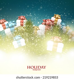 Weihnachtshintergrund mit Geschenken. Weihnachtskästen mit Bögen und Platz für Text.  Vektorgrafik.