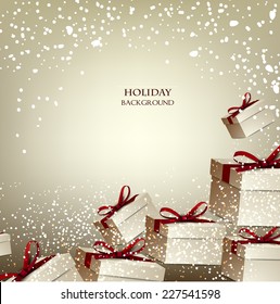 Christmas background with gifts. Xmas boxes with bows and place for text.  Vector Illustration.