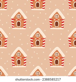 Christmas background with ginger cookie, gingerbread house. Festive traditional cookies with icing. Homemade biscuit. Flat vector illustration. Winter holiday print for packaging, textile, home decor