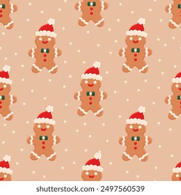 Christmas background with ginger cookie, gingerbread man santa. Festive traditional cookies with icing. Homemade biscuit. Flat vector illustration. Winter holiday print for packaging, home decor