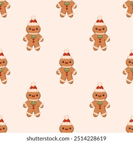 Christmas background with ginger cookie, gingerbread man santa. Seamless pattern with festive traditional cookies with icing. Homemade biscuit. Winter holiday print for packaging, home decor