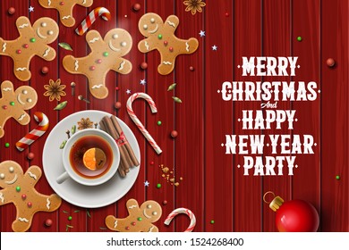 Christmas background, gingerbread cookies, candy canes and anise stars laying on red wooden background. Merry Christmas and Happy New Year poster, vector illustration.