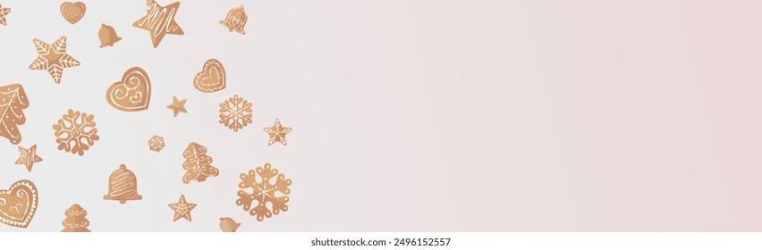 Christmas background with gingerbread cookies in different shapes decorated with icing. Banner with free space for text 