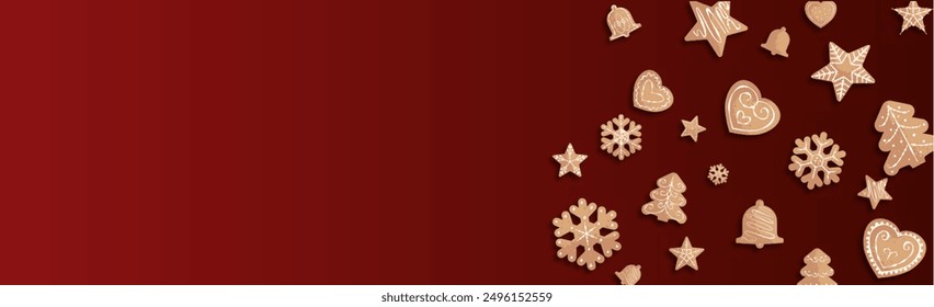Christmas background with gingerbread cookies in different shapes decorated with icing. Banner with free space for text 
