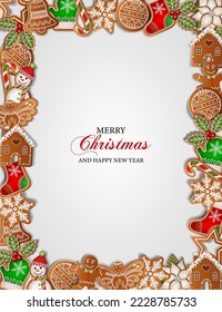 christmas background with gingerbread cookies. christmas frame with gingerbreads