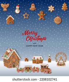 christmas background with gingerbread cookies. gingerbread landscape