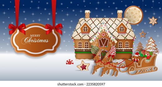 christmas background with gingerbread cookies. gingerbread landscape with house and santa claus sleigh