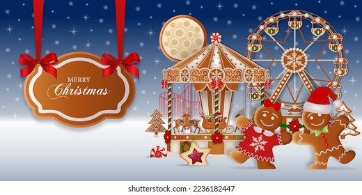 christmas background with gingerbread cookies. gingerbread landscape with funfair, gingerbread man and gingerbread woman