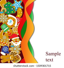 
Christmas background with gingerbread cookies. Merry New Year and Christmas card on a white background.