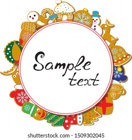 
Christmas background with gingerbread cookies. Merry New Year and Christmas card on a white background.