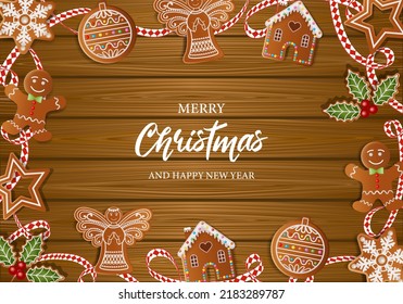 christmas background with gingerbread cookies and ribbon