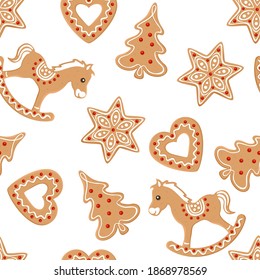 Christmas background with gingerbread cookies. Rocking horse, christmas tree, heart and stars. Seamless pattern. Vector festive illustration in cartoon flat style.