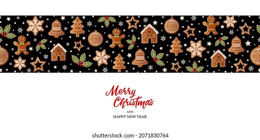 christmas background with gingerbread cookies. seamless banner with gingerbreads. 