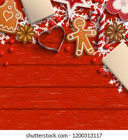 Christmas background with gingerbread cookies, spices and traditional ornaments on red wooden background, inspired by flat lay style, vector illustration, eps 10 with transparency and gradient mesh