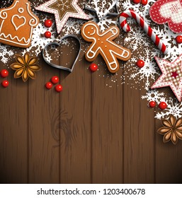 Christmas background with gingerbread cookies, spices and traditional ornaments on dark brown wooden background, inspired by flat lay style, vector illustration, eps 10 with transparency and gradient