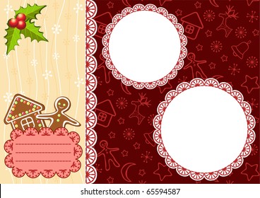 Christmas background with gingerbread and frames. Vector.