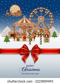 christmas background with gingerbread funfair. christmas poster with gingerbread cookies and candies