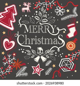 Christmas background with gingerbread, gifts, chalk lettering and decorations. Top view,black background, Christmas Eve, Christmas mood, holidays.  Merry Christmas, Happi New year. Vector flat