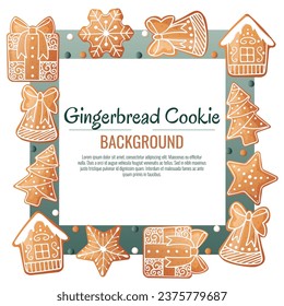 Fondo de Navidad con casa de pan de jengibre, regalo, copo de nieve, abeto. Tarjeta de saludo con galletas en el cristal. Volante, cartel de invitación