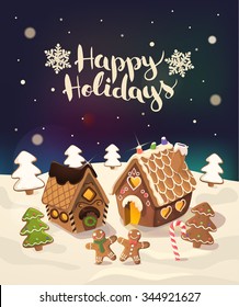 Christmas Background with gingerbread houses, candy and little men, Vector.