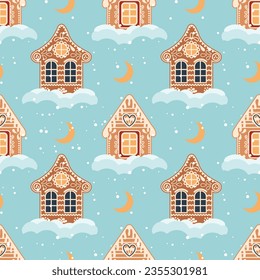 Christmas background of gingerbread houses with snow and moon. Seamless pattern in flat cartoon style. Vector