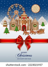 christmas background with gingerbread landscape. christmas poster with cookies and candies. christmas card with gingerbread circus and ferris wheel