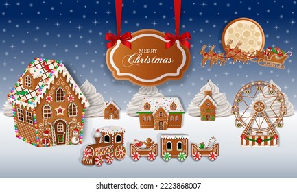 Christmas background with gingerbread landscape. christmas poster with gingerbread cookies	