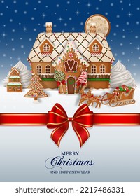 christmas background with gingerbread landscape and red bow. christmas poster with gingerbread cookies