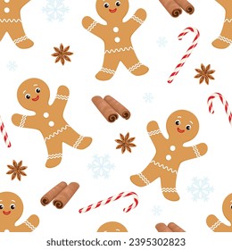 Christmas background with gingerbread man, candy cane, anise star and cinnamon sticks on white. Vector seamless pattern. Vector cartoon winter illustration.