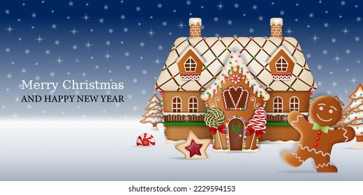 christmas background with gingerbread man and gingerbread  house. christmas card with gingerbread cookies
