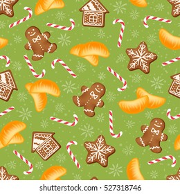 Christmas background with gingerbread and slices of mandarin.