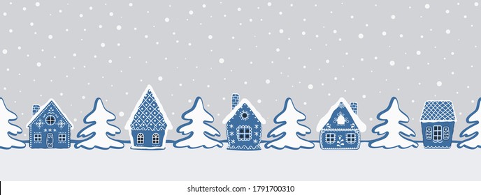 Christmas background. Gingerbread village. Seamless border. Fairytale winter landscape. There are blue gingerbread houses and fir trees on a gray background. Greeting card template. Vector 