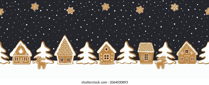 Christmas background. Gingerbread village. Seamless border. Fairytale winter landscape. There are gingerbread houses, deers, stars and fir trees on a dark blue background. Vector illustration