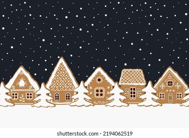 Christmas background. Gingerbread village. Seamless border. Fairytale winter landscape. gingerbread houses and fir trees on a dark blue background. Greeting card template. Vector