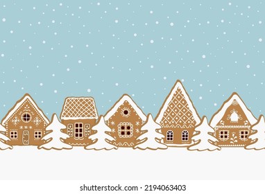 Christmas background. Gingerbread village. Seamless border. gingerbread houses and fir trees on a blue background. Greeting card template. Vector illustration