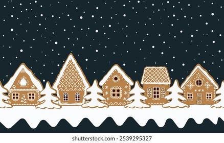 Christmas Background. Gingerbread Village. Seamless Border. Gingerbread Houses, Fir Trees on Dark Blue Background. Greeting Card Template. Vector Illustration