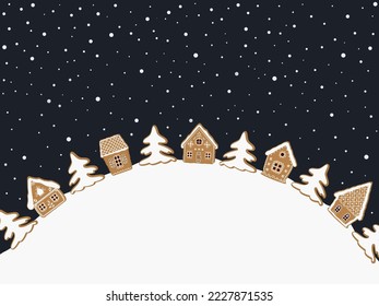 Christmas background. Gingerbread village. There are gingerbread houses, fir trees on dark blue background. Fairy tale winter landscape. Vector illustration