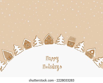 Christmas background. Gingerbread village. There are gingerbread houses, fir trees on caramel background. Fairy tale winter landscape. Vector illustration